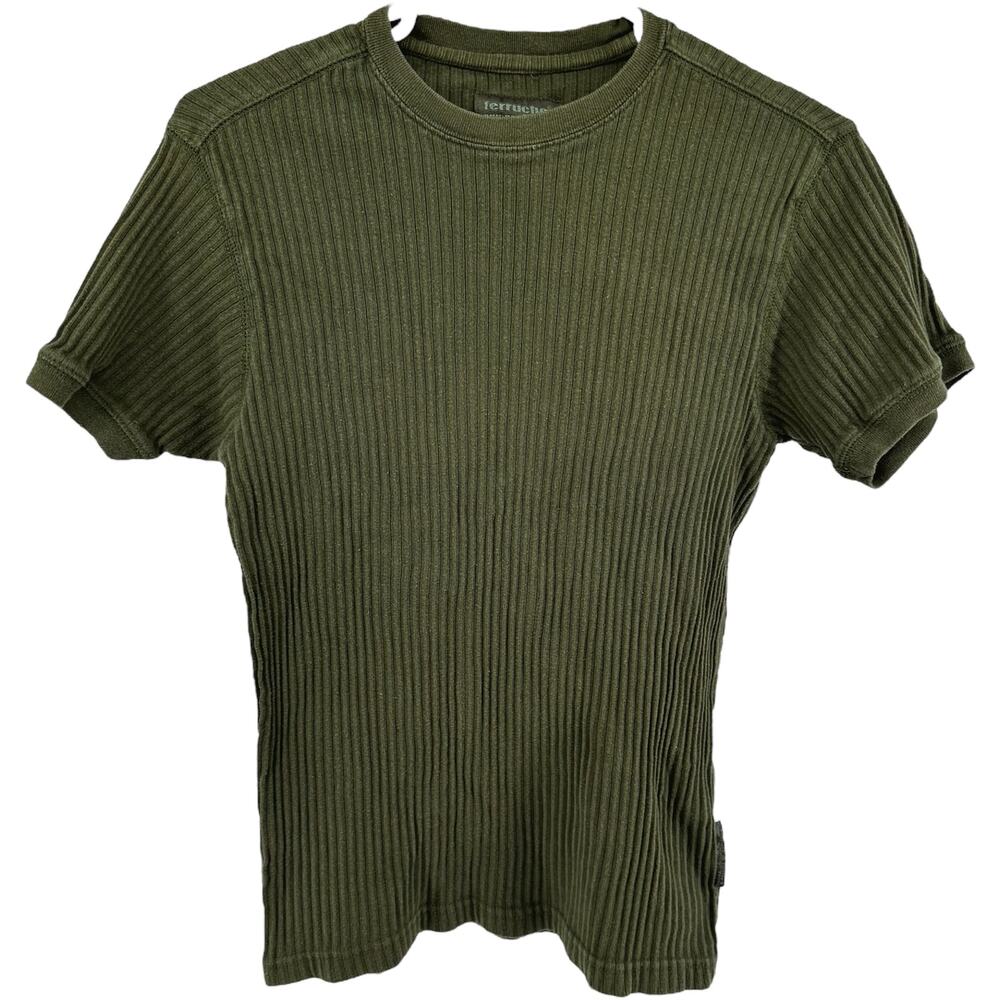 Vintage Ferruche T-Shirt 90s Ribbed Skater Knit Crew Neck Stretch Green Small